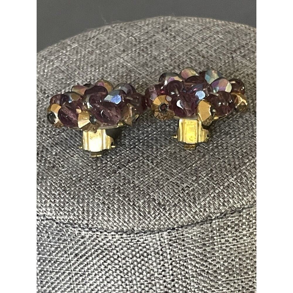 Vintage Germany Beaded Amethyst Colored Clip Brass Retro Cocktail Dress Earrings - Picture 2 of 6